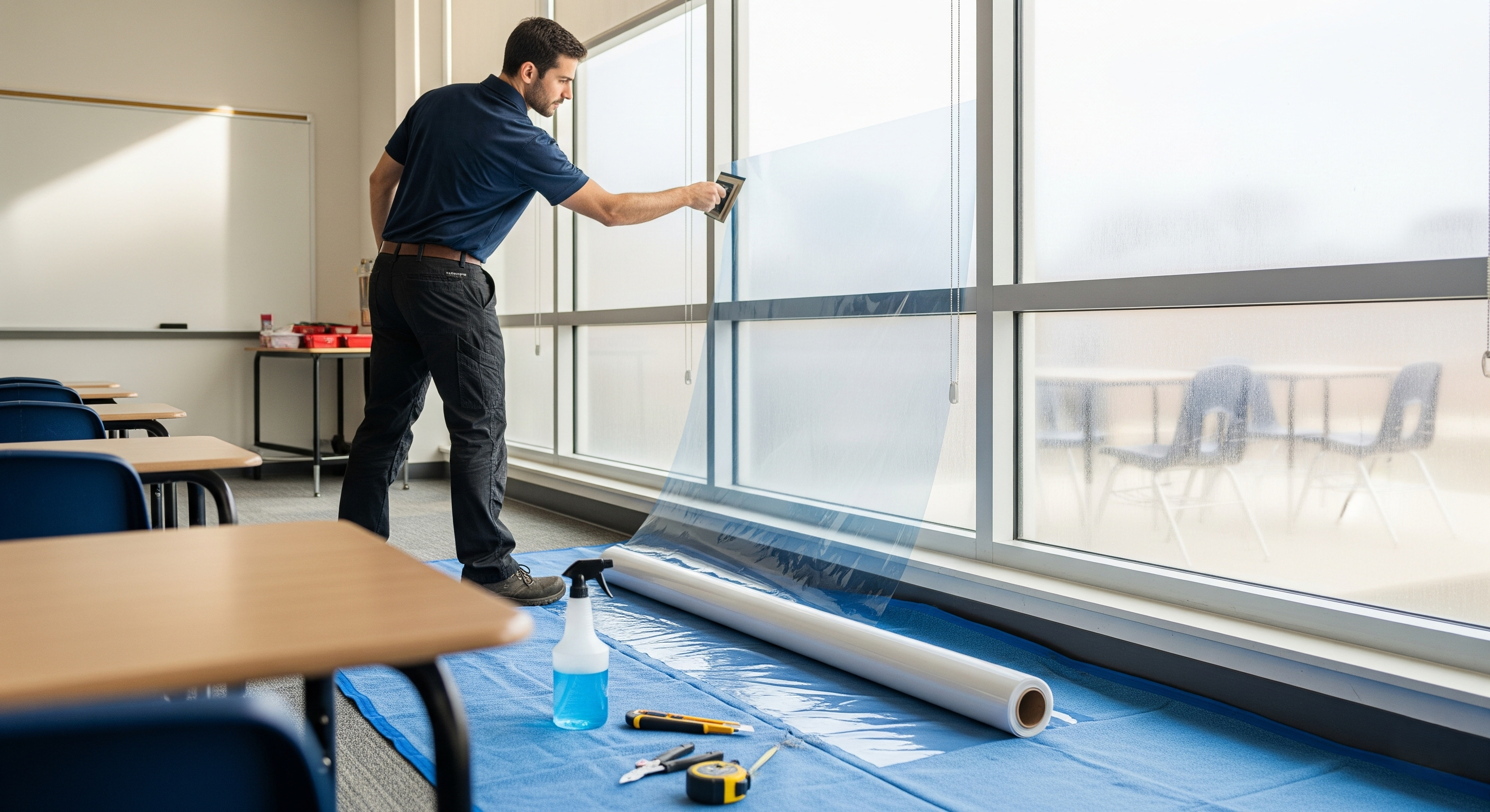 Professional installer applying safety film on Atlanta school classroom window