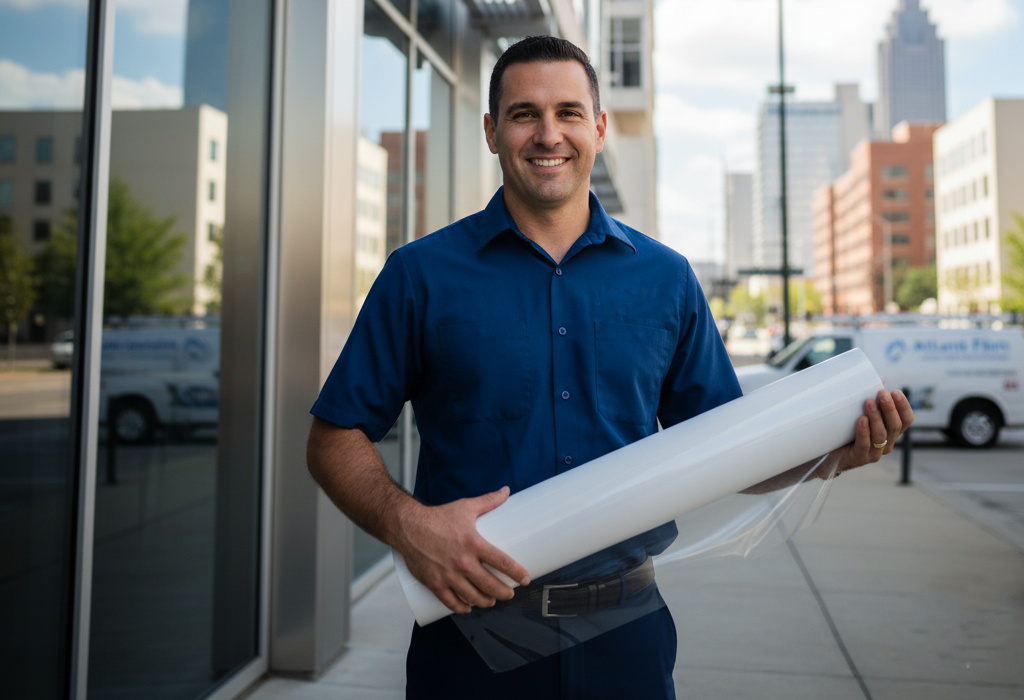 Professional installer in Atlanta with safety window film.