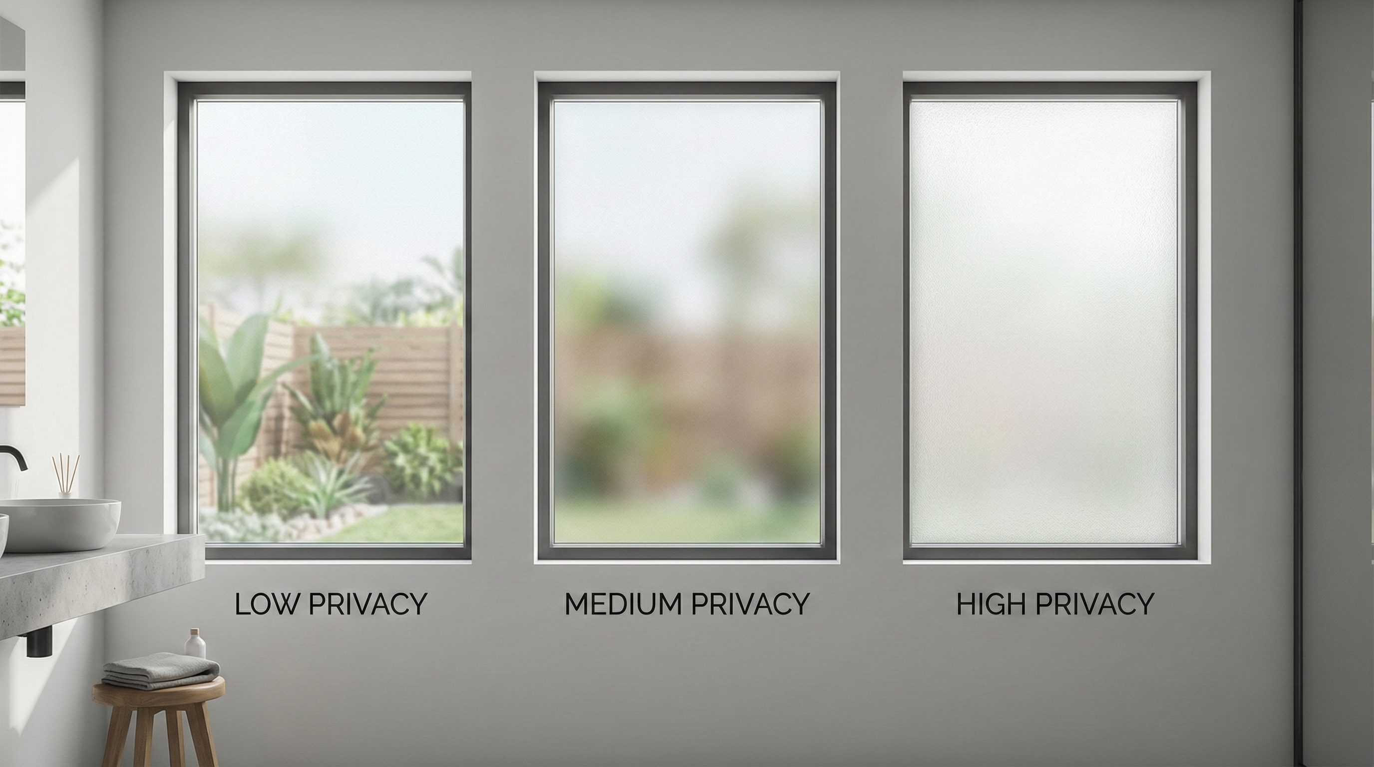 Bathroom window privacy film levels showing low, medium, and high privacy options