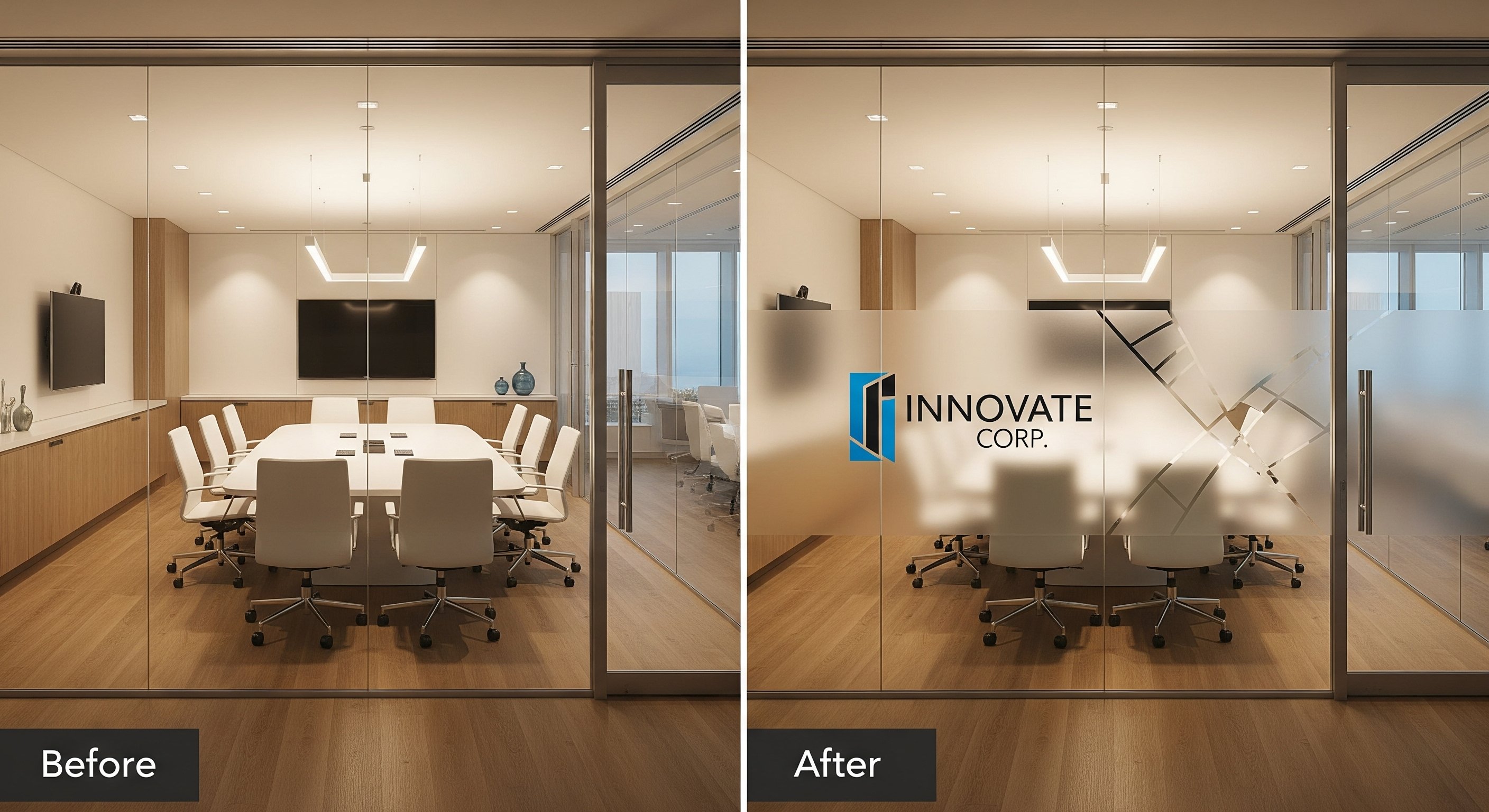 Office glass wall before and after applying branded decorative window film for privacy and visual appeal