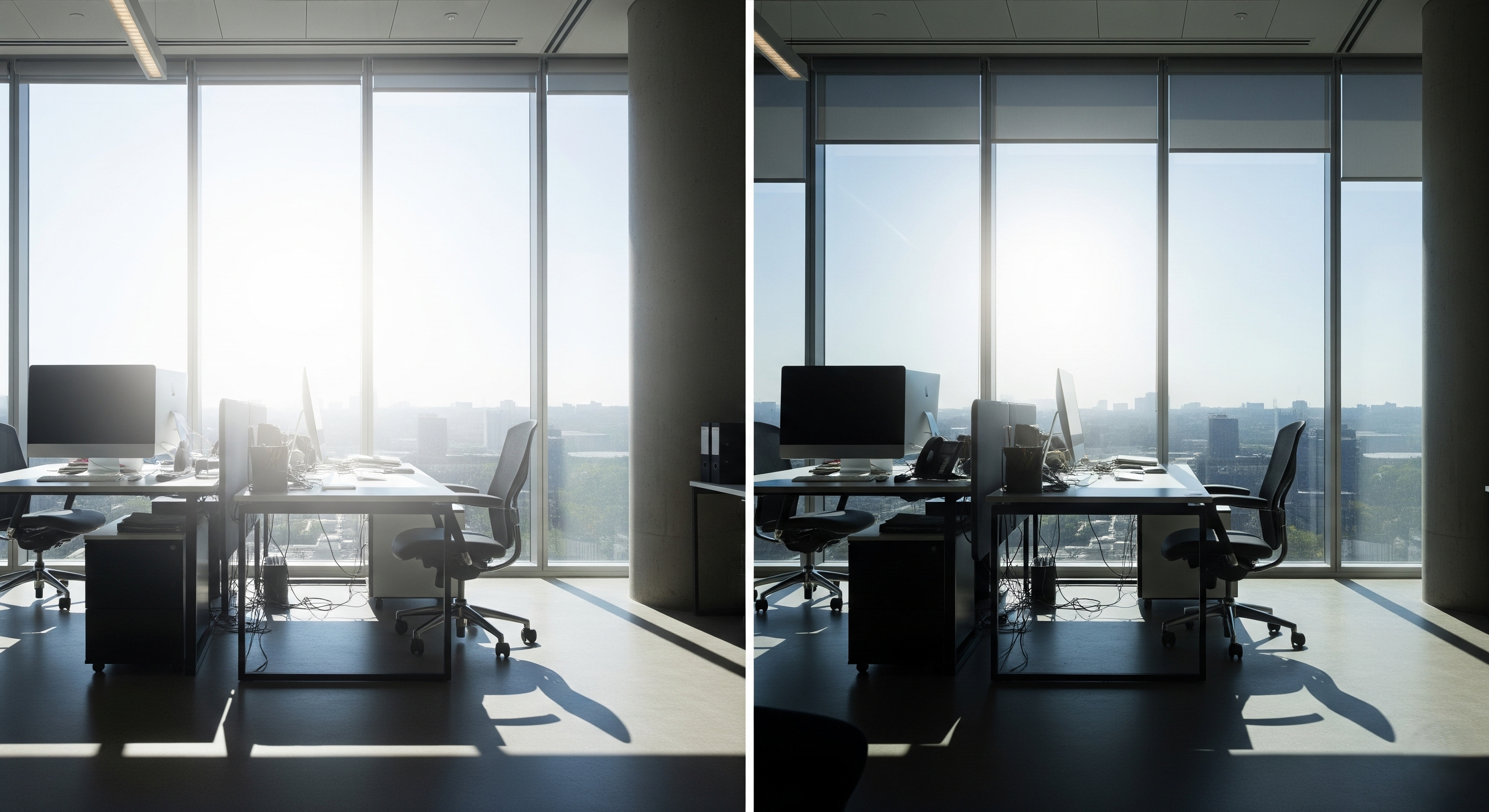 Before and after comparison of office comfort with energy efficient window film