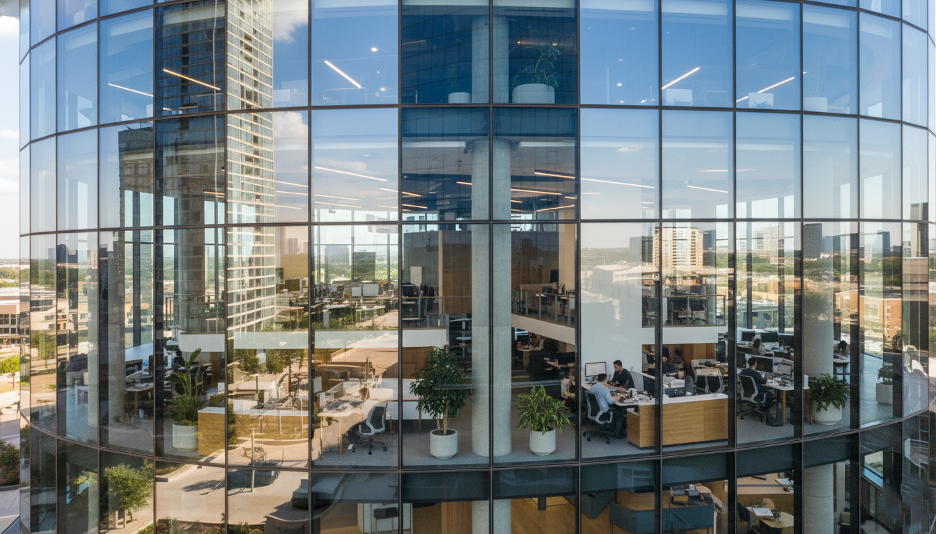 modern Dallas office with tinted windows showing glare reduction and energy-efficient comfort