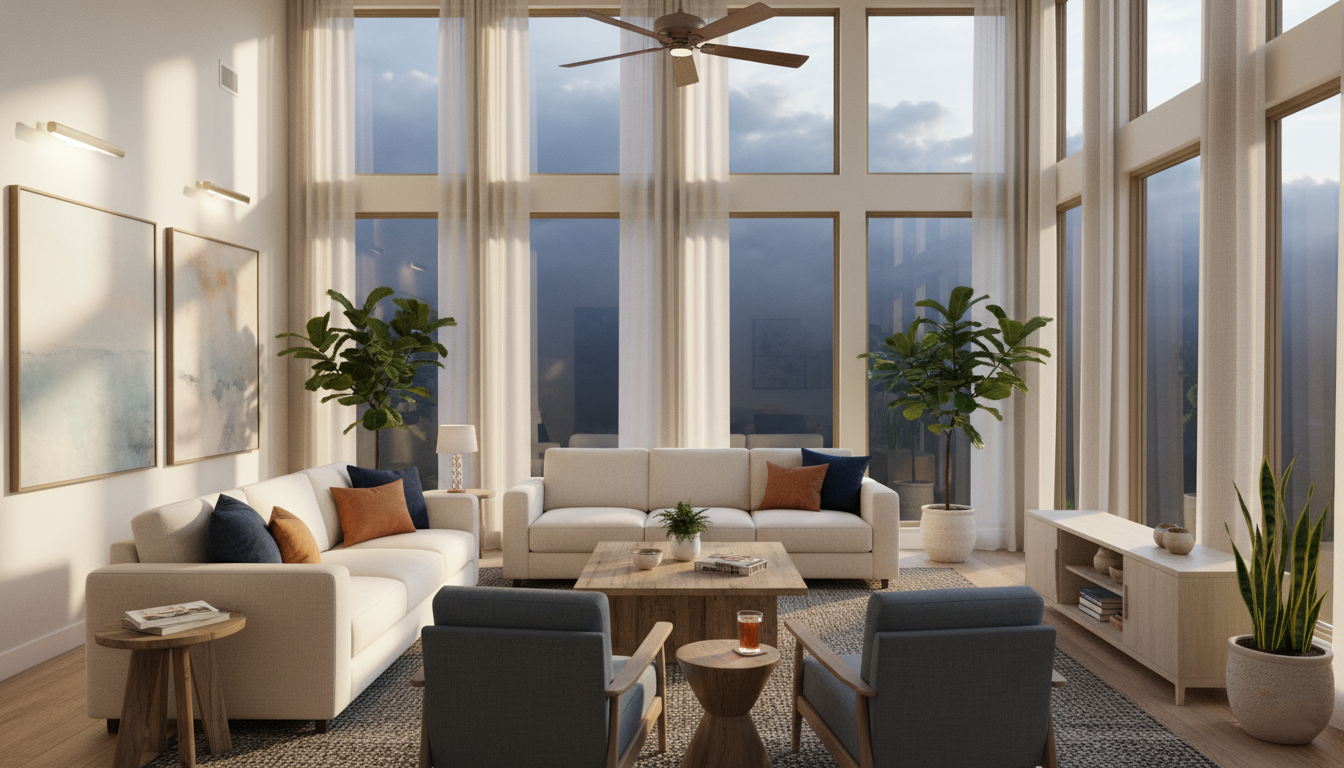 Dallas living room with tinted windows showing glare reduction, UV protection, and energy-efficient comfort.