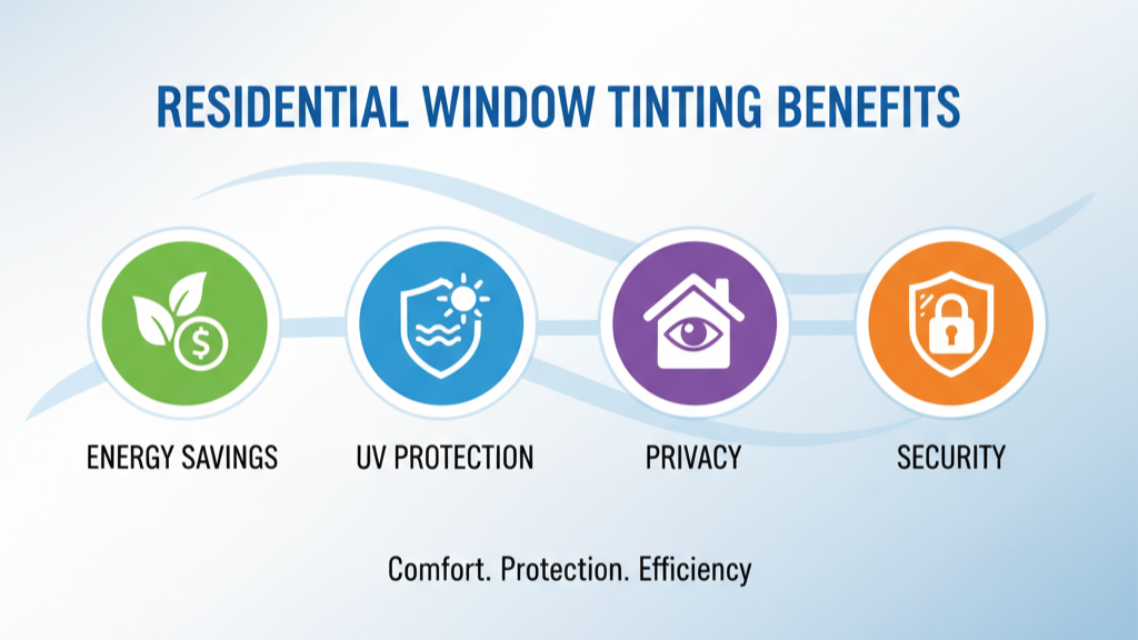Infographic showing main benefits of home window tinting including energy savings, UV protection, privacy, and security
