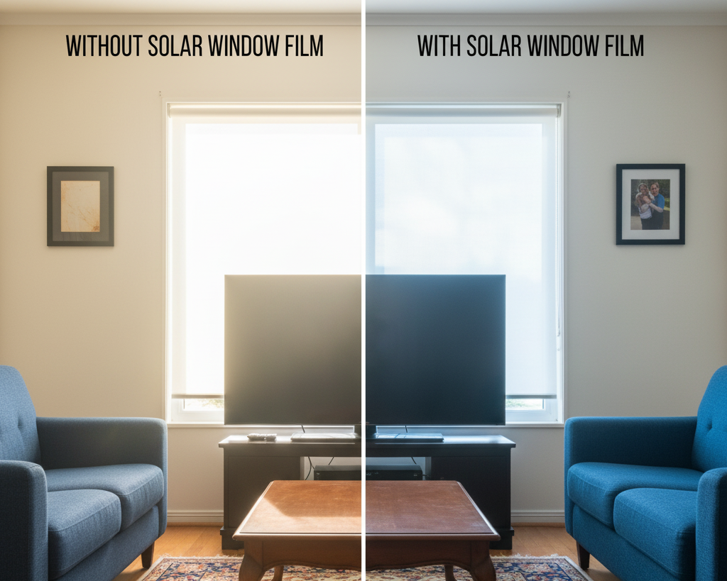 Before and after comparison showing how solar window film reduces glare, heat, and fading inside a home or office.