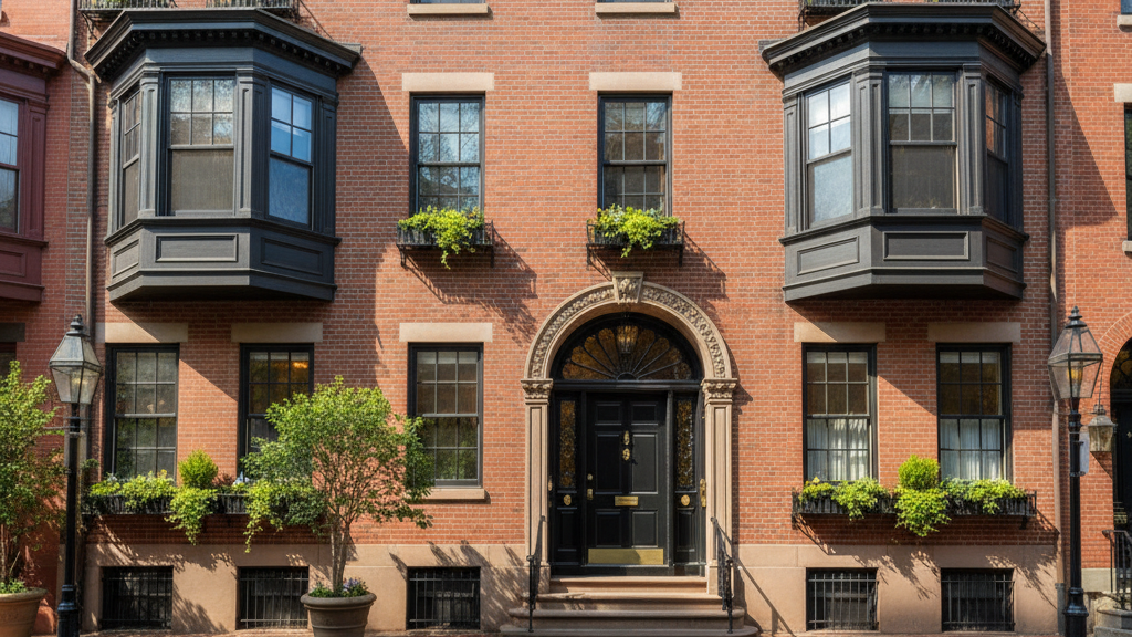 Boston townhouse with tinted windows and text offering free home window tinting estimate.