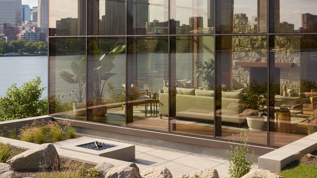Boston home with tinted windows reflecting skyline, showing energy-efficient residential window film installation.