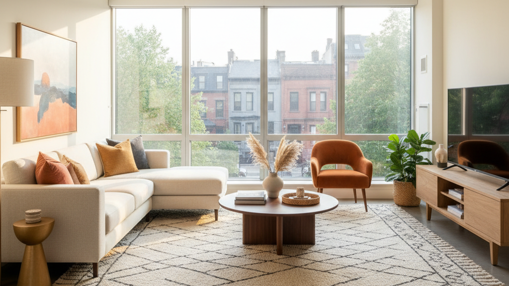 Boston home living room with modern tinted windows reducing glare and enhancing comfort.