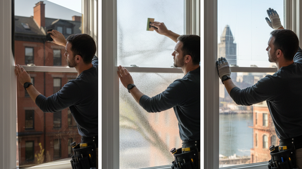 Different types of home window films used in Boston homes, including solar, frosted, and security options.