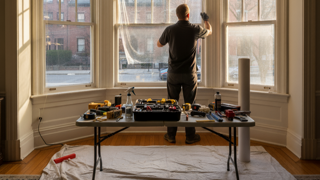 Professional applying residential window film to bay window in Boston home.