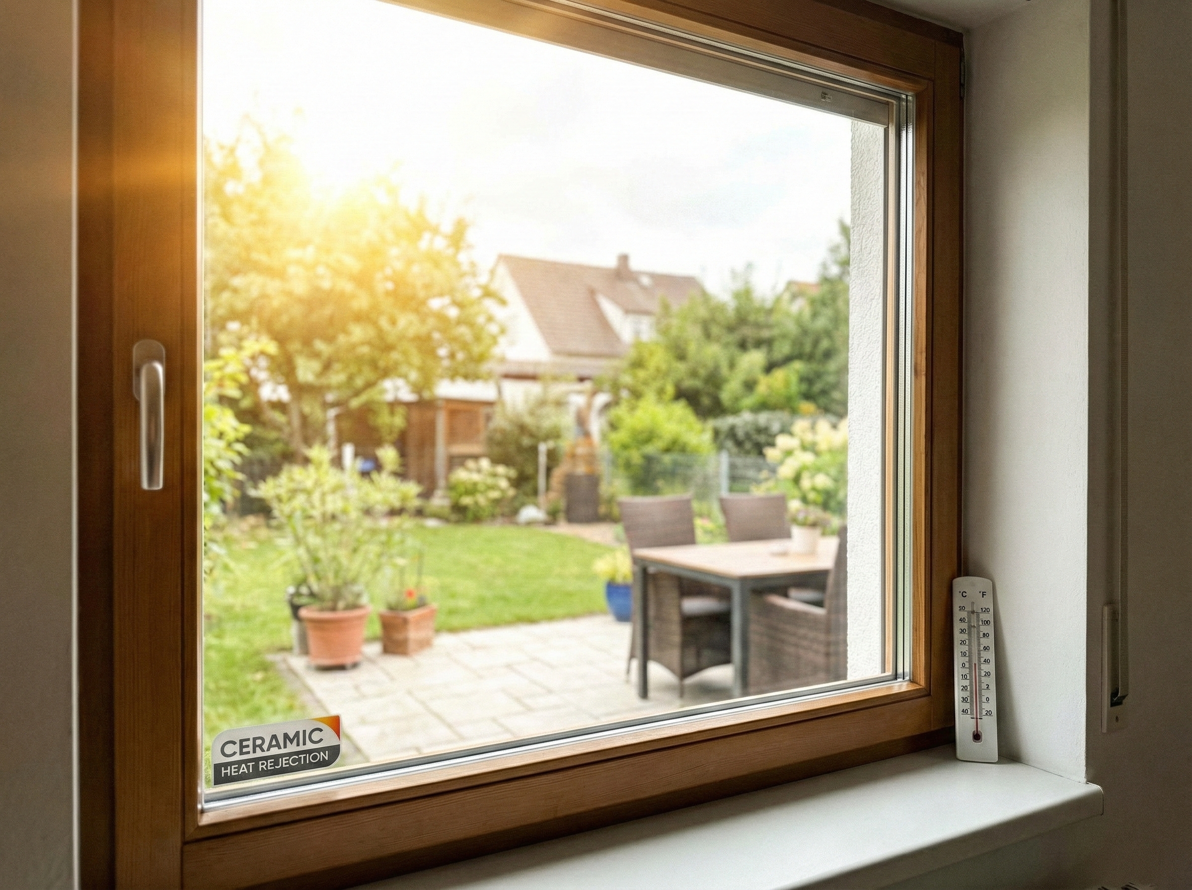 Ceramic window film blocking heat while maintaining clear glass visibility