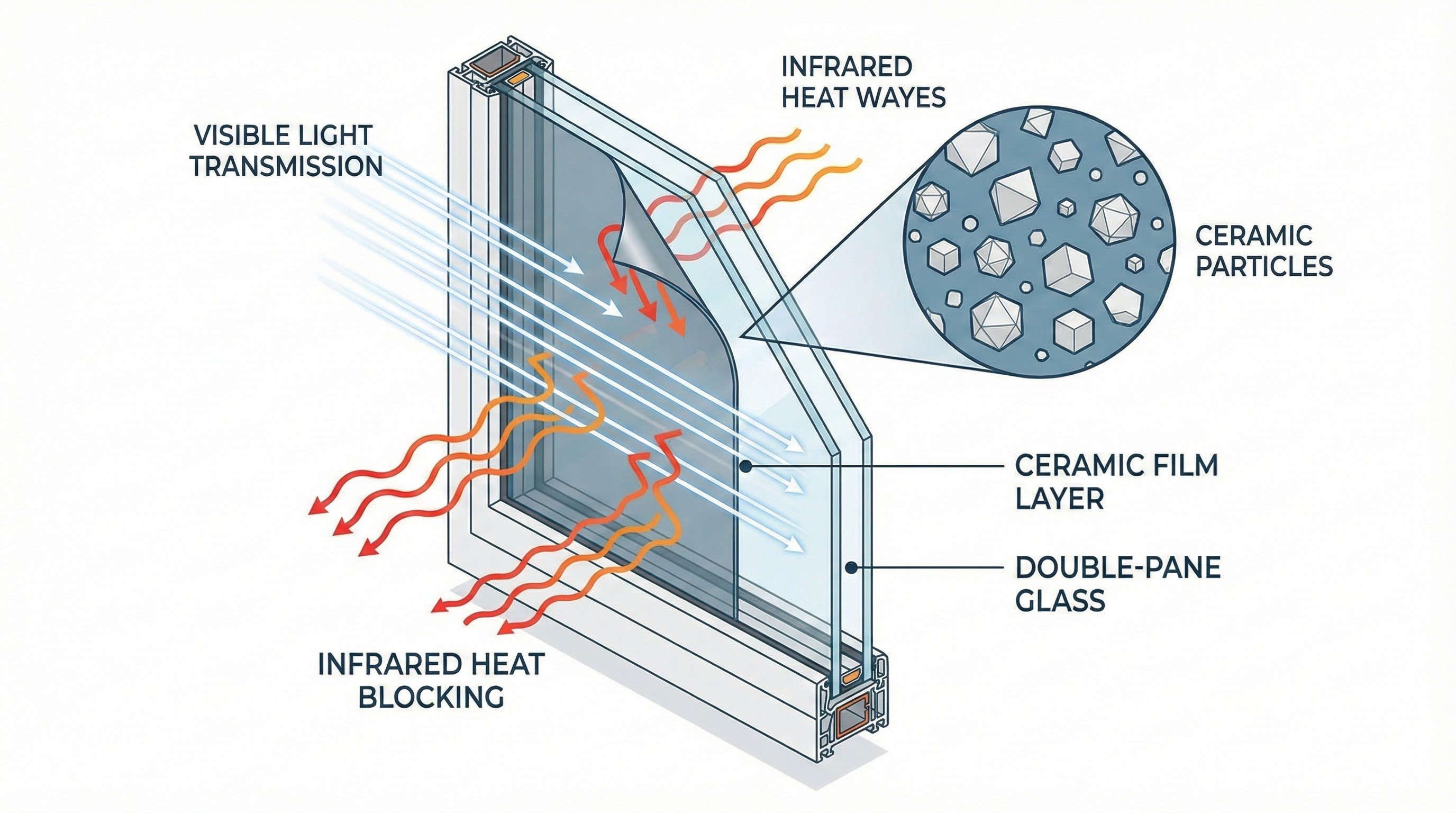 Ceramic window film blocking infrared heat while allowing visible light