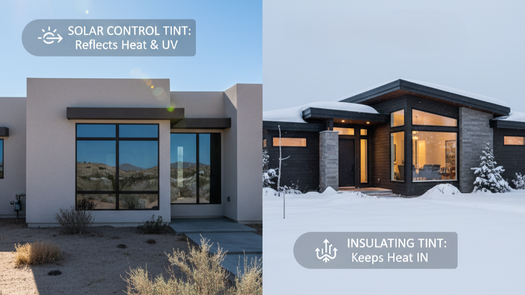 Side-by-side homes in hot and cold climates showing the best home window tinting options for each.