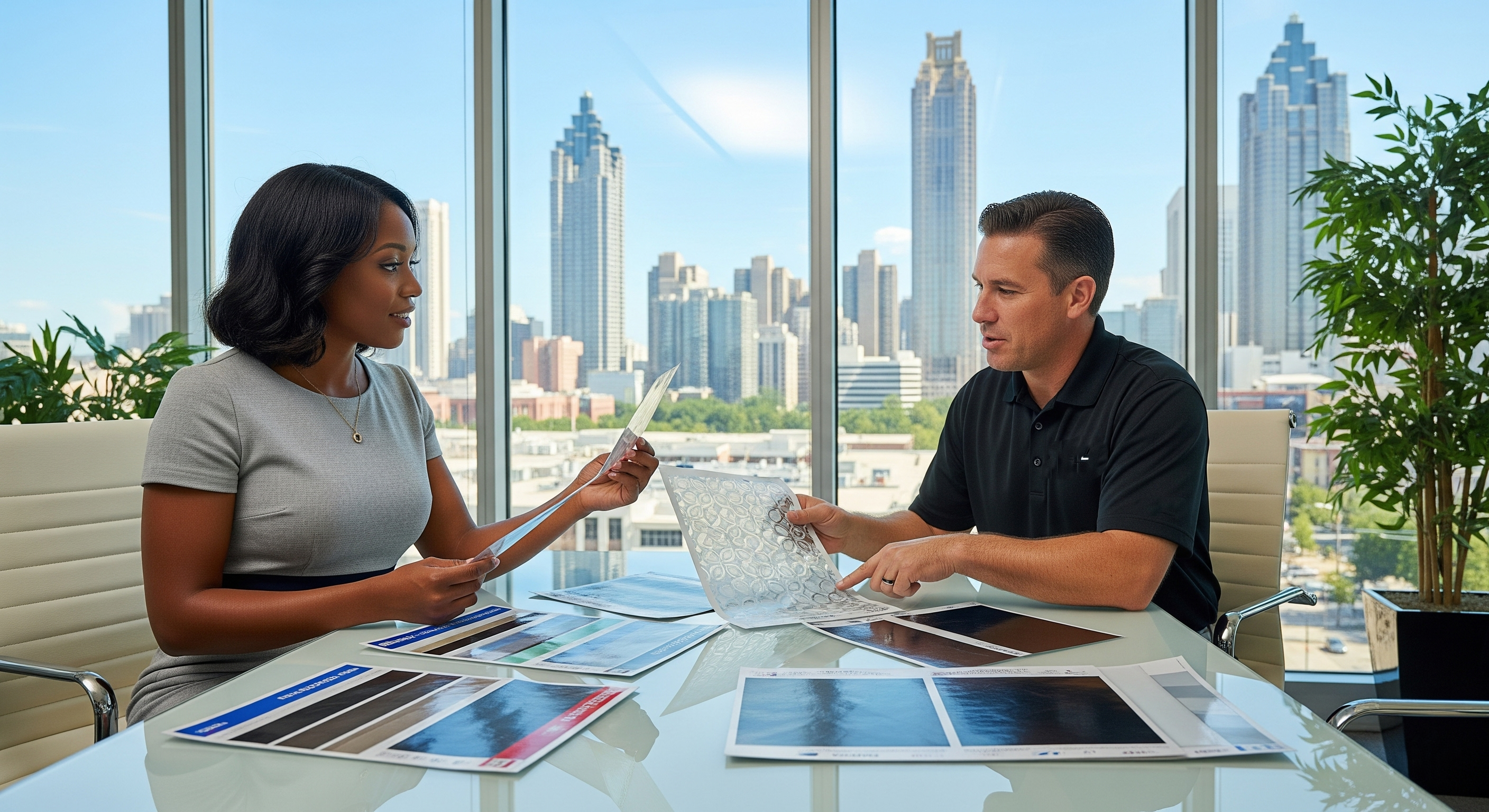 Atlanta business owner consulting with window film installer to choose the right commercial window tint for energy savings, privacy, and security.
