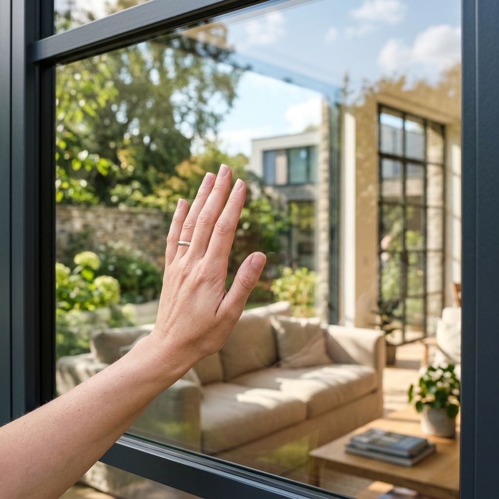 Close up view of a hand touching a clear window pane in a modern living room.