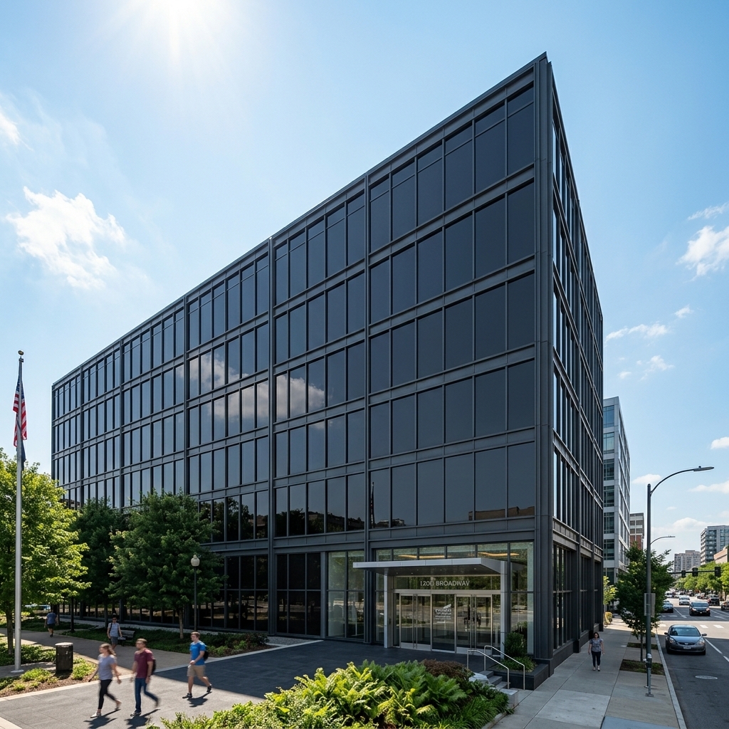 An exterior view of a commercial building with uniform dark window tinting.
