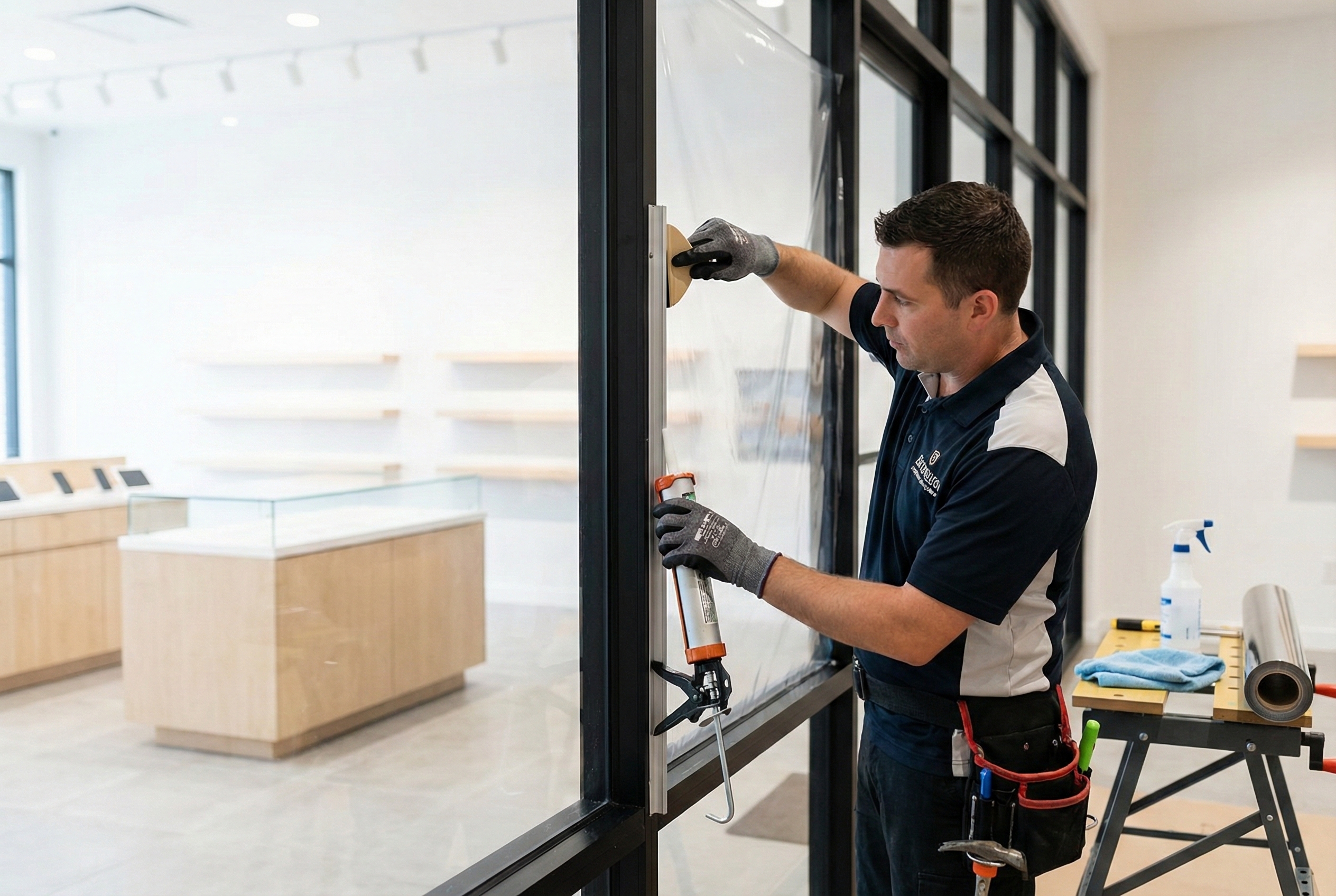 Professional installation of commercial security window film with proper edge attachment system