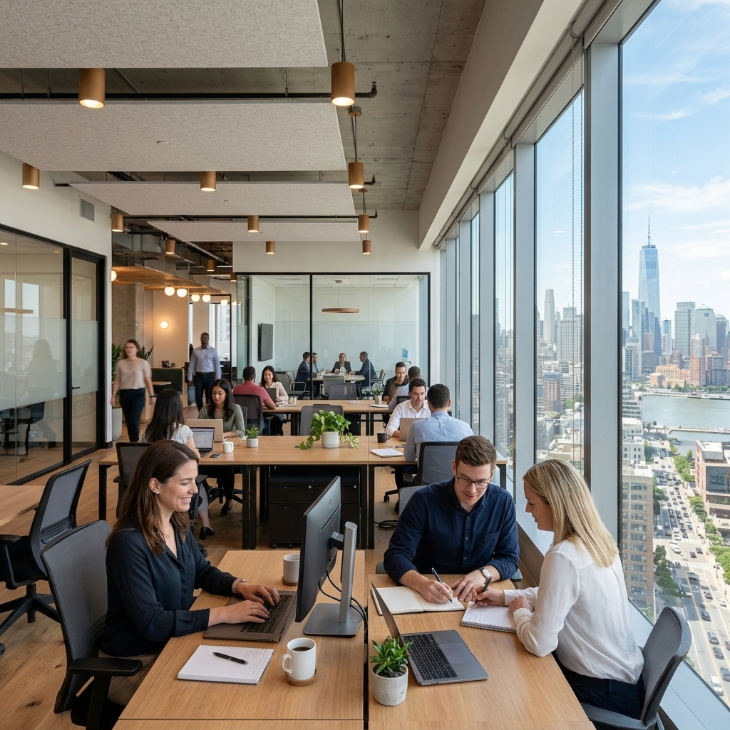 A modern commercial office setting with expansive glass windows showing a city skyline outside.