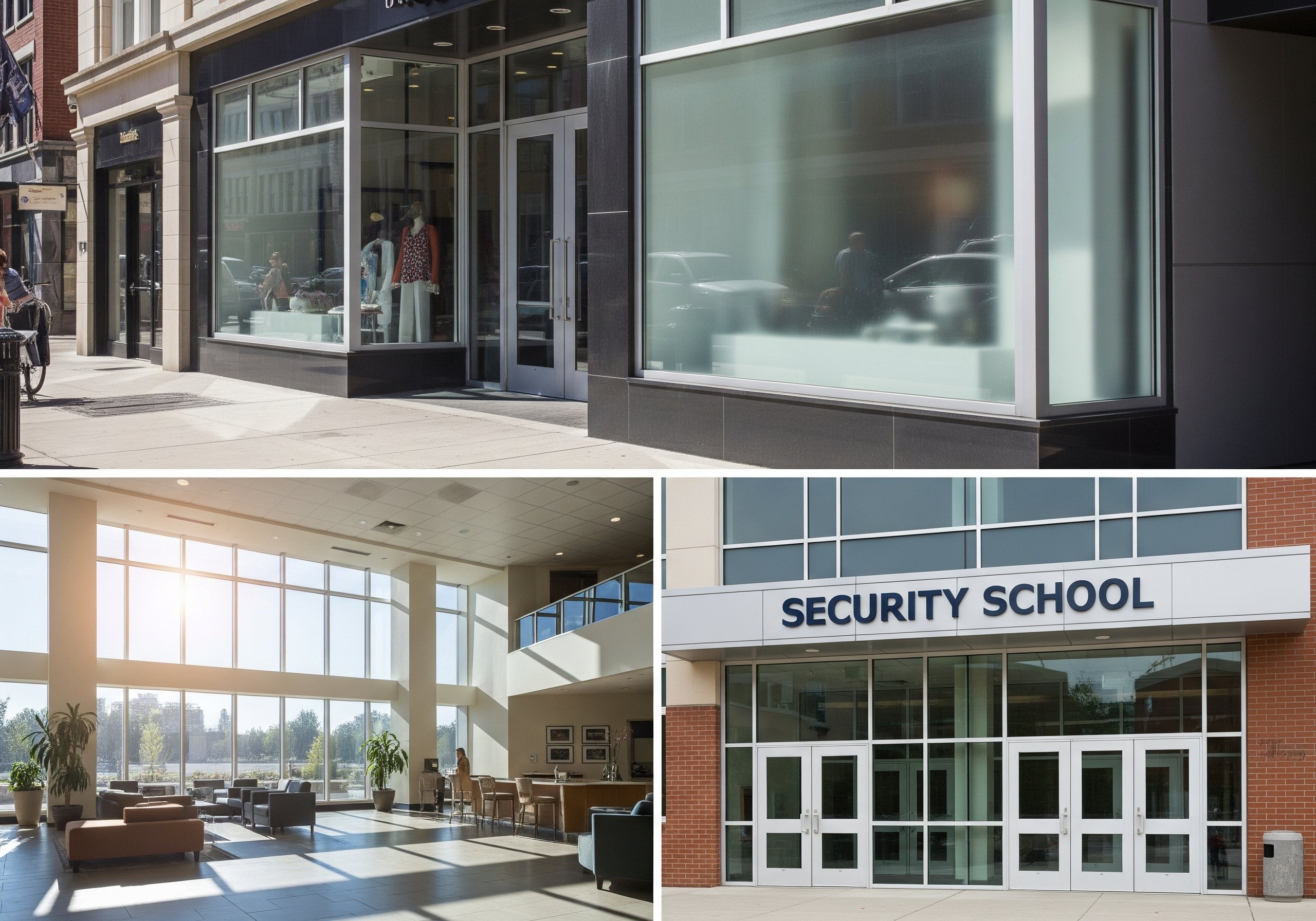Security film on glass windows in retail, office, and school buildings