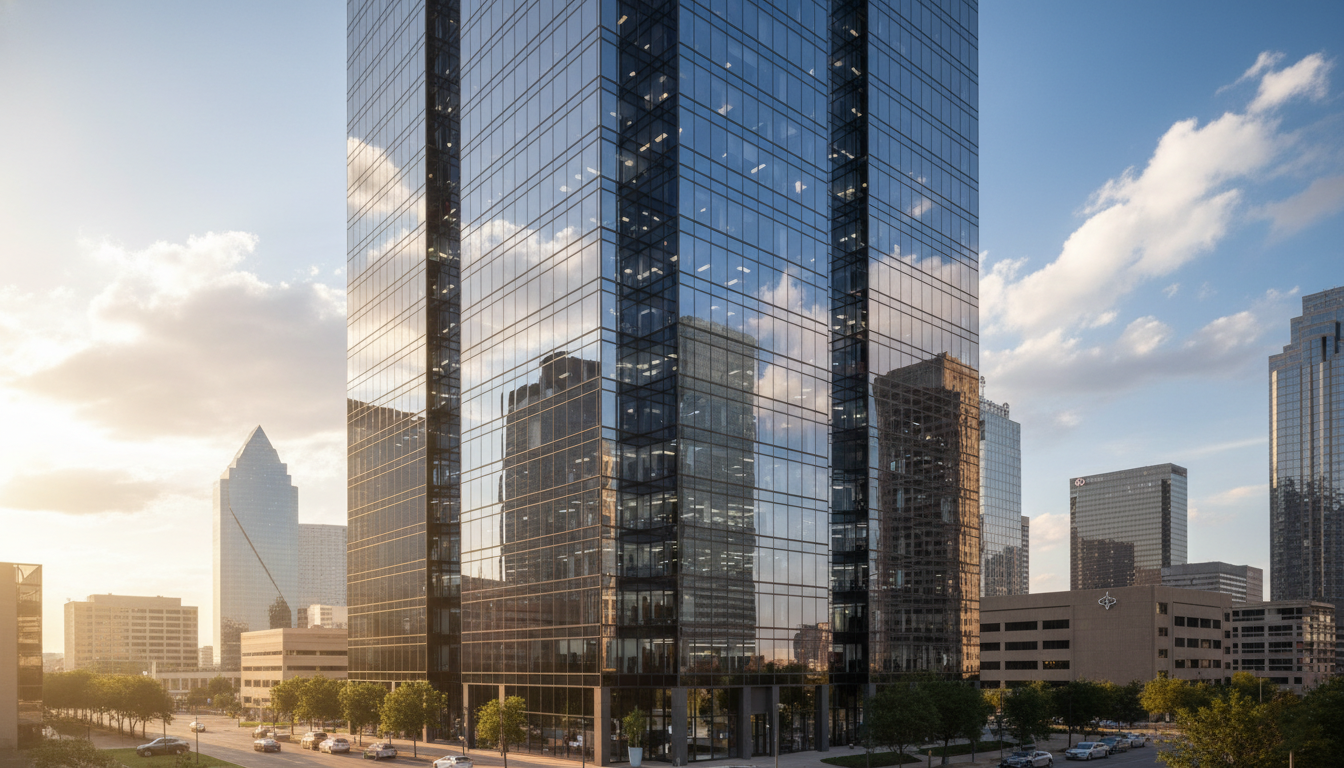Modern Dallas commercial building with reflective tinted windows showing energy-efficient and glare-reducing window film installation