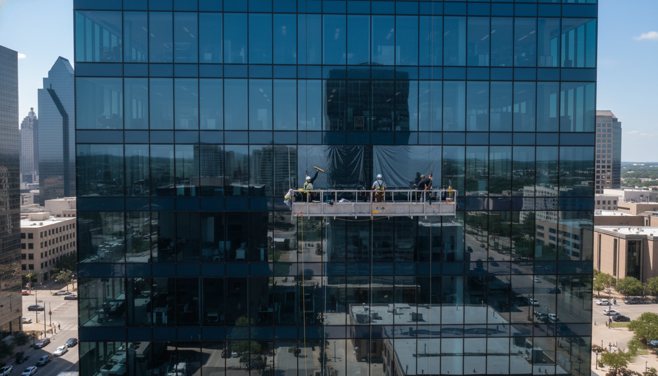 professional commercial window tinting installation in Dallas office building for energy efficiency and glare reduction