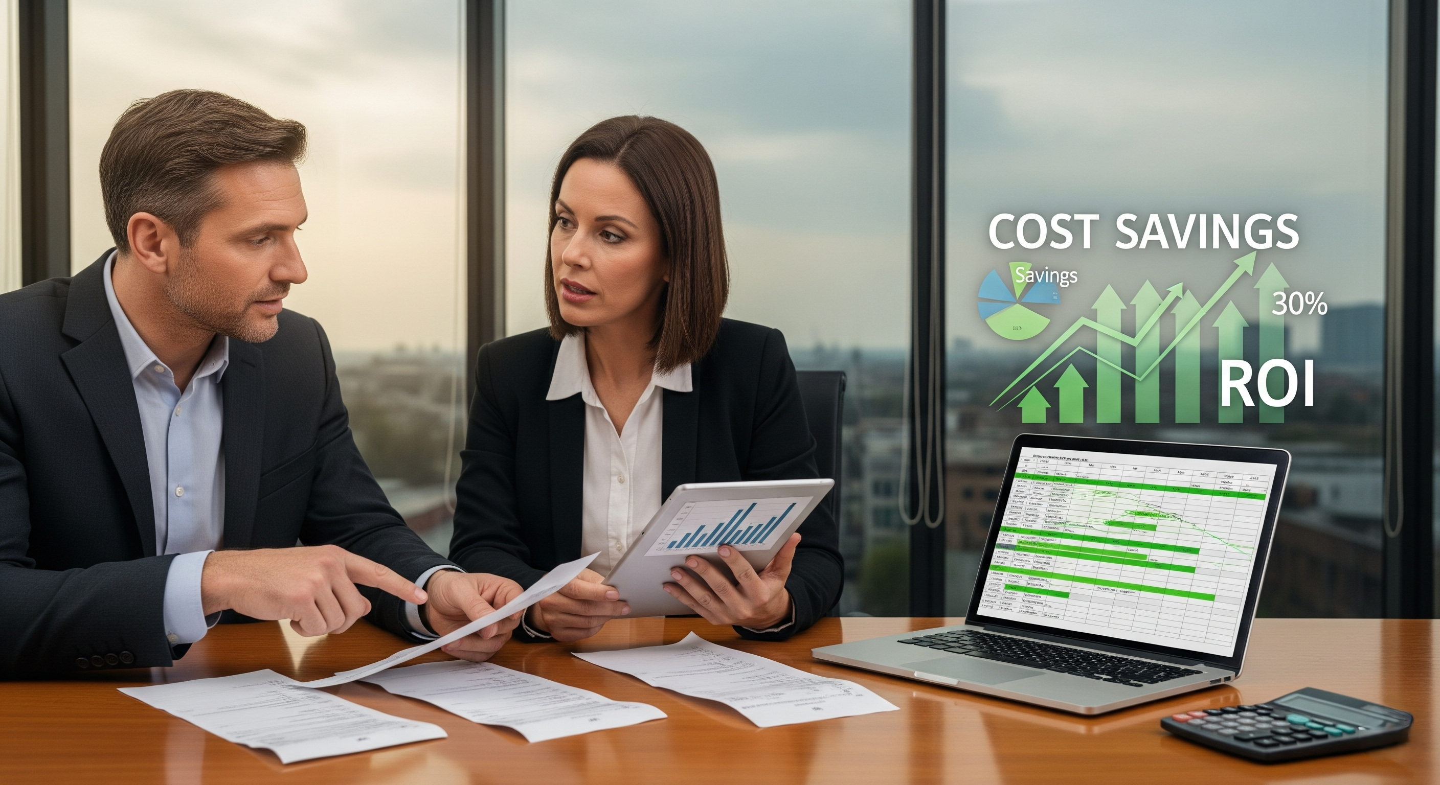 Business team reviewing cost savings from commercial window tinting