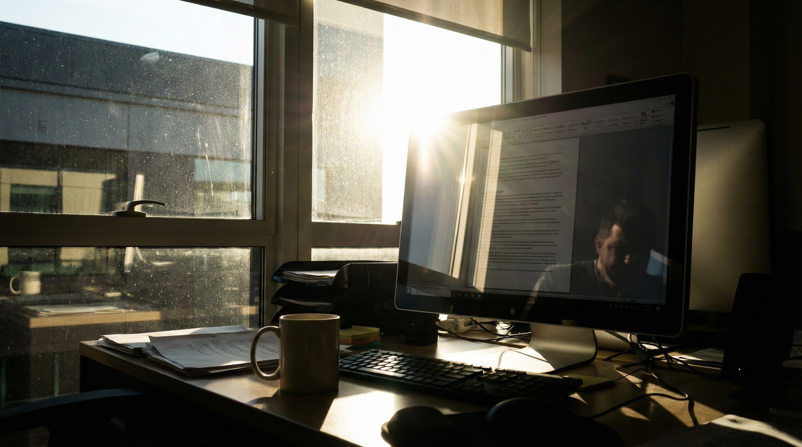 Computer screen glare caused by sunlight coming through office windows