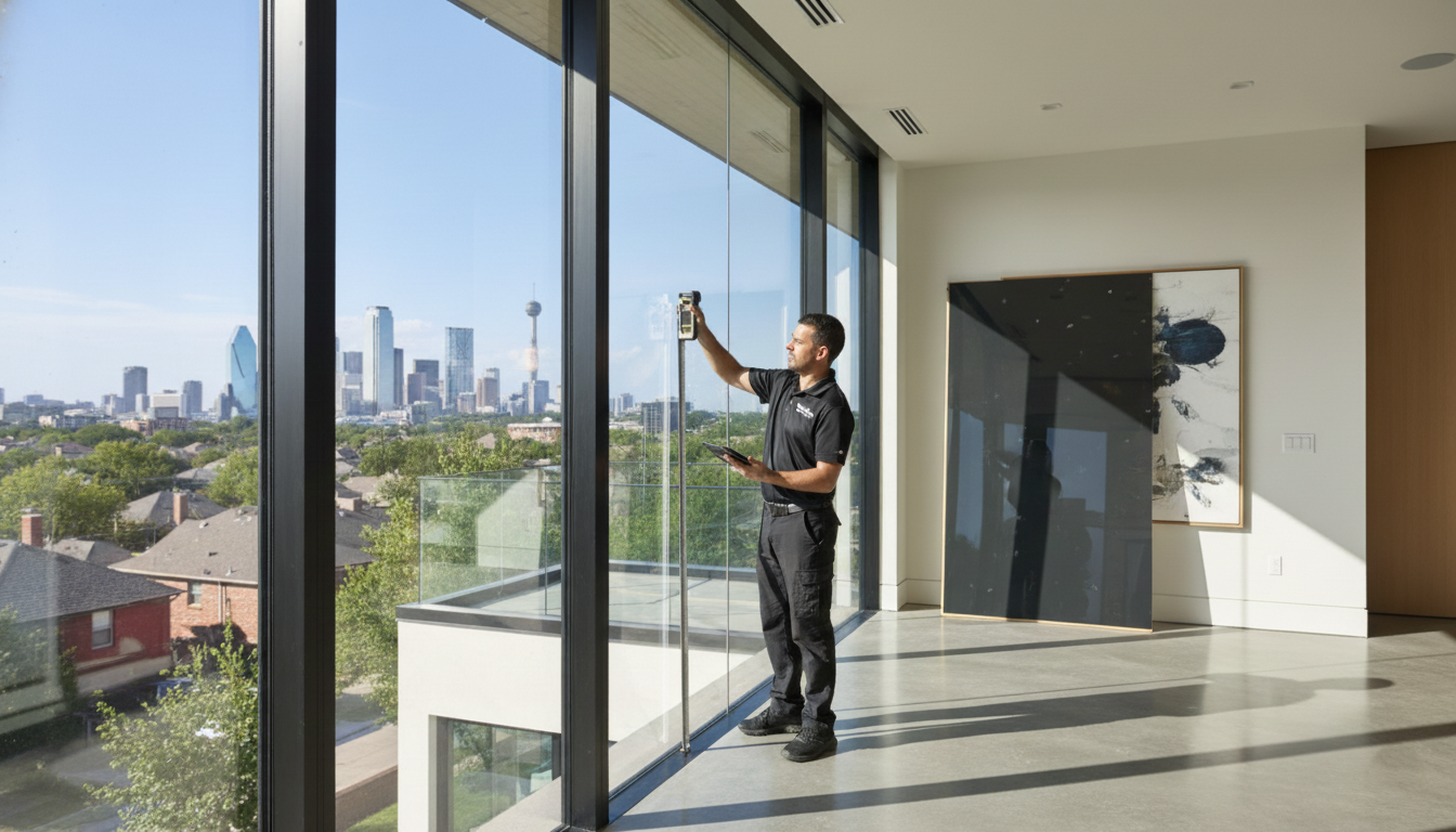 Dallas window tint installer measuring large home windows for tinting cost estimate and energy savings.