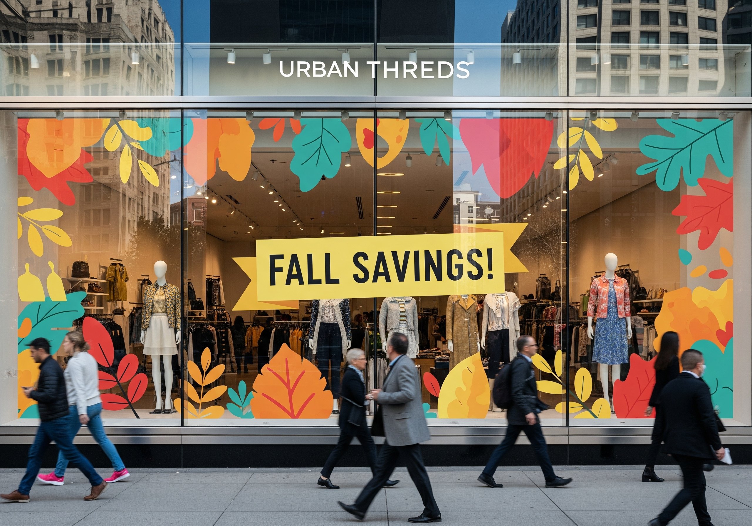 Storefront with custom printed window film showing seasonal promotion.