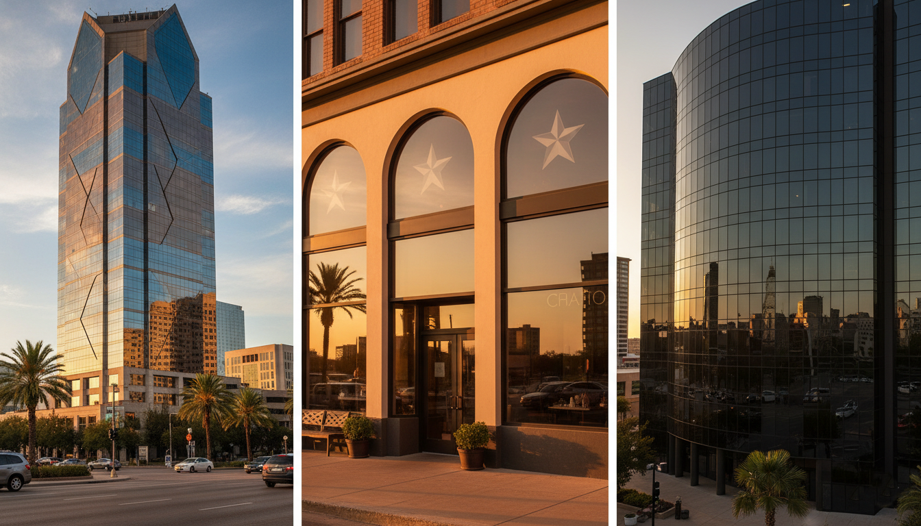 Dallas commercial buildings with window films for offices, storefronts, and hotels showing energy efficiency and modern design