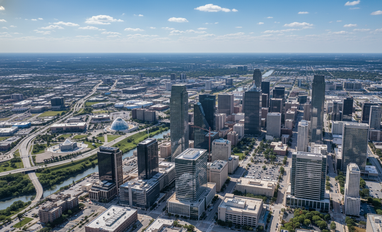 panoramic view of Dallas skyline with commercial buildings featuring tinted windows serving Dallas, Collin, Denton, and Tarrant counties