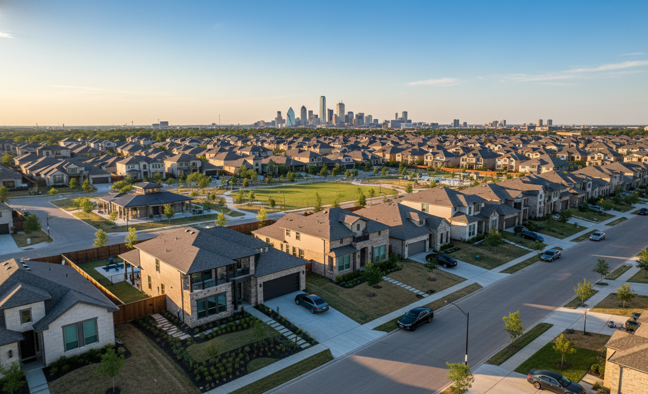 Aerial view of modern Dallas neighborhood with large windowed homes representing American Window Film service areas.