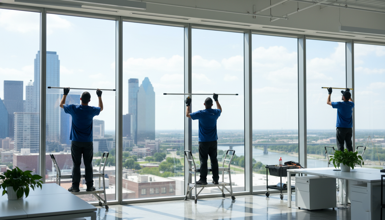 professional window tinting installation process in Dallas office with certified technicians applying film