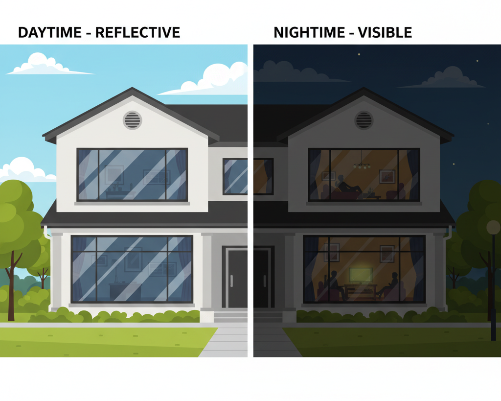 Day vs night comparison showing how residential window film affects visibility and privacy