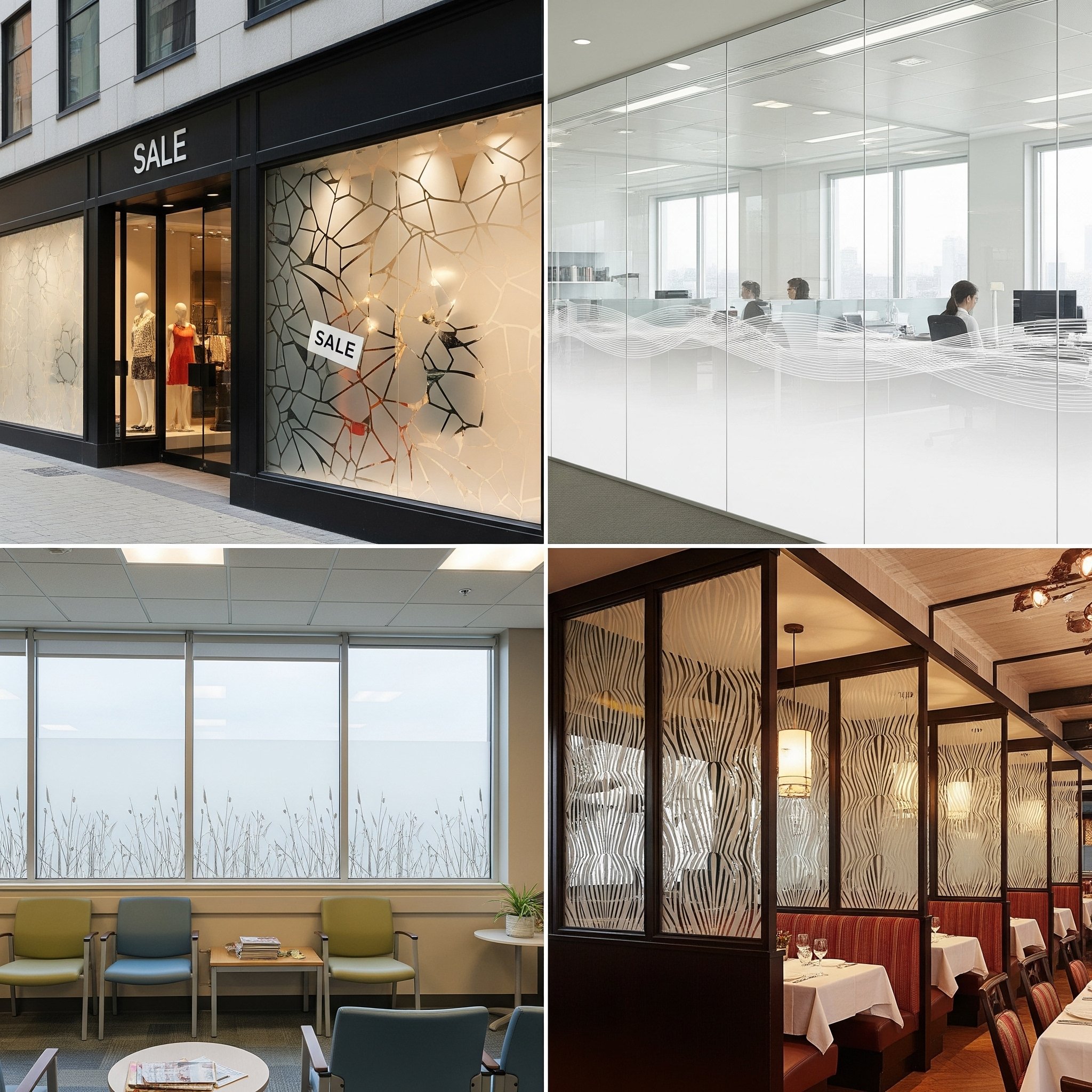 Decorative window film applications in retail, office, healthcare, and restaurant interiors for branding and privacy
