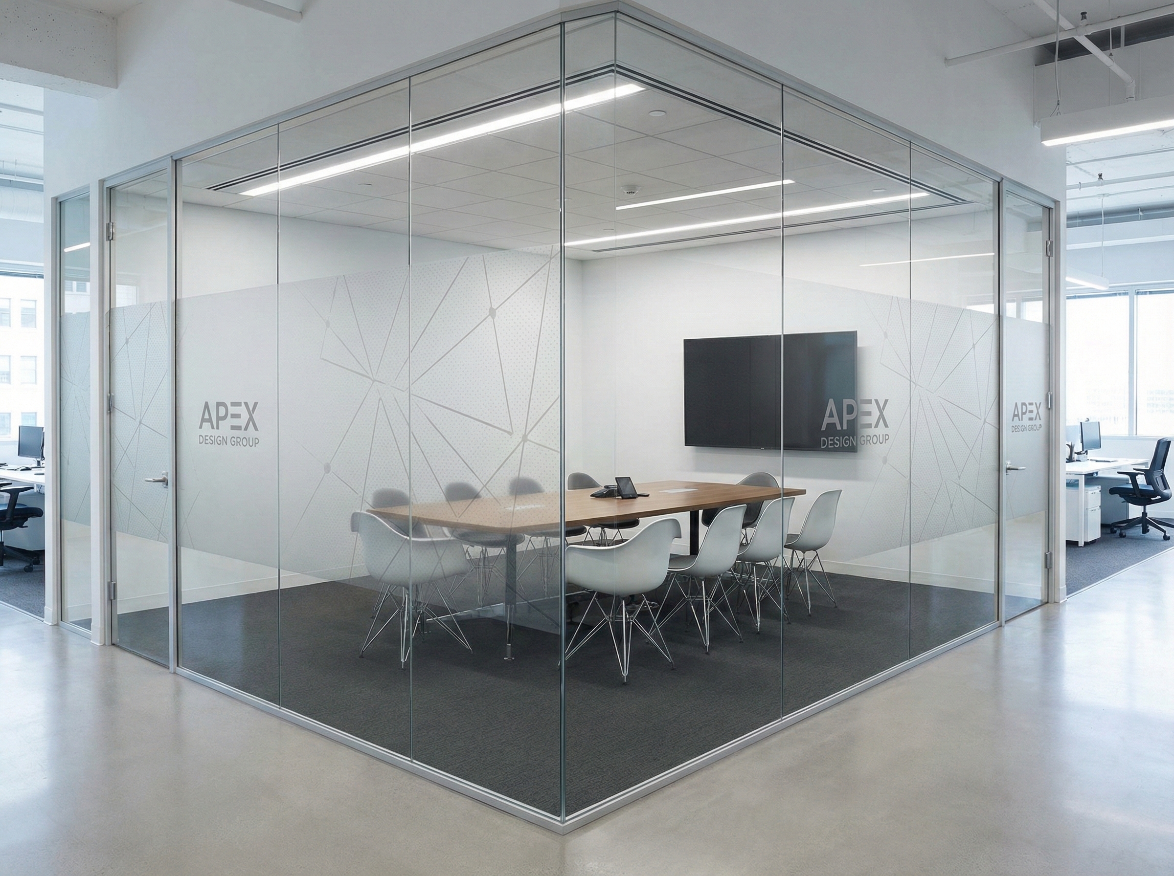 Decorative privacy window film with etched pattern on glass conference room walls