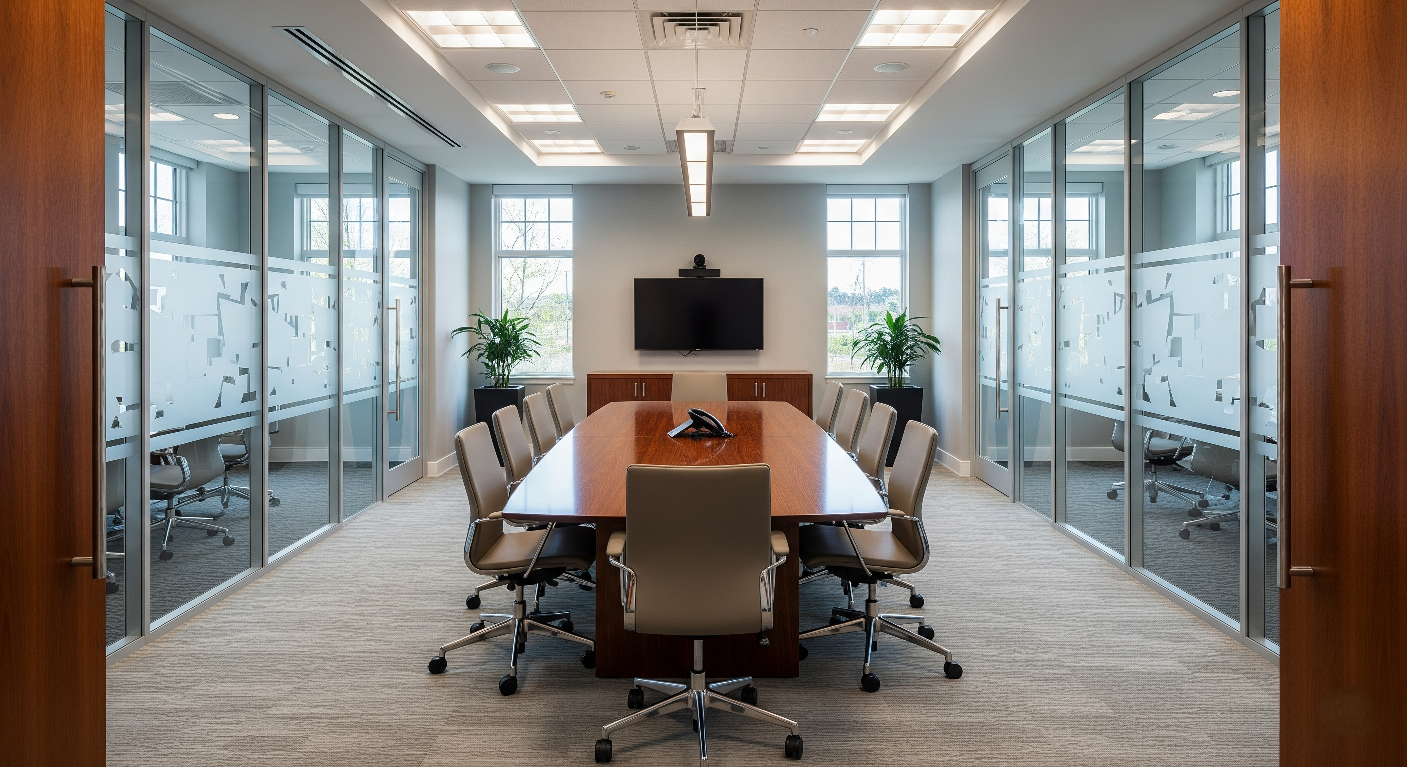 Conference room glass with decorative frosted window film for privacy