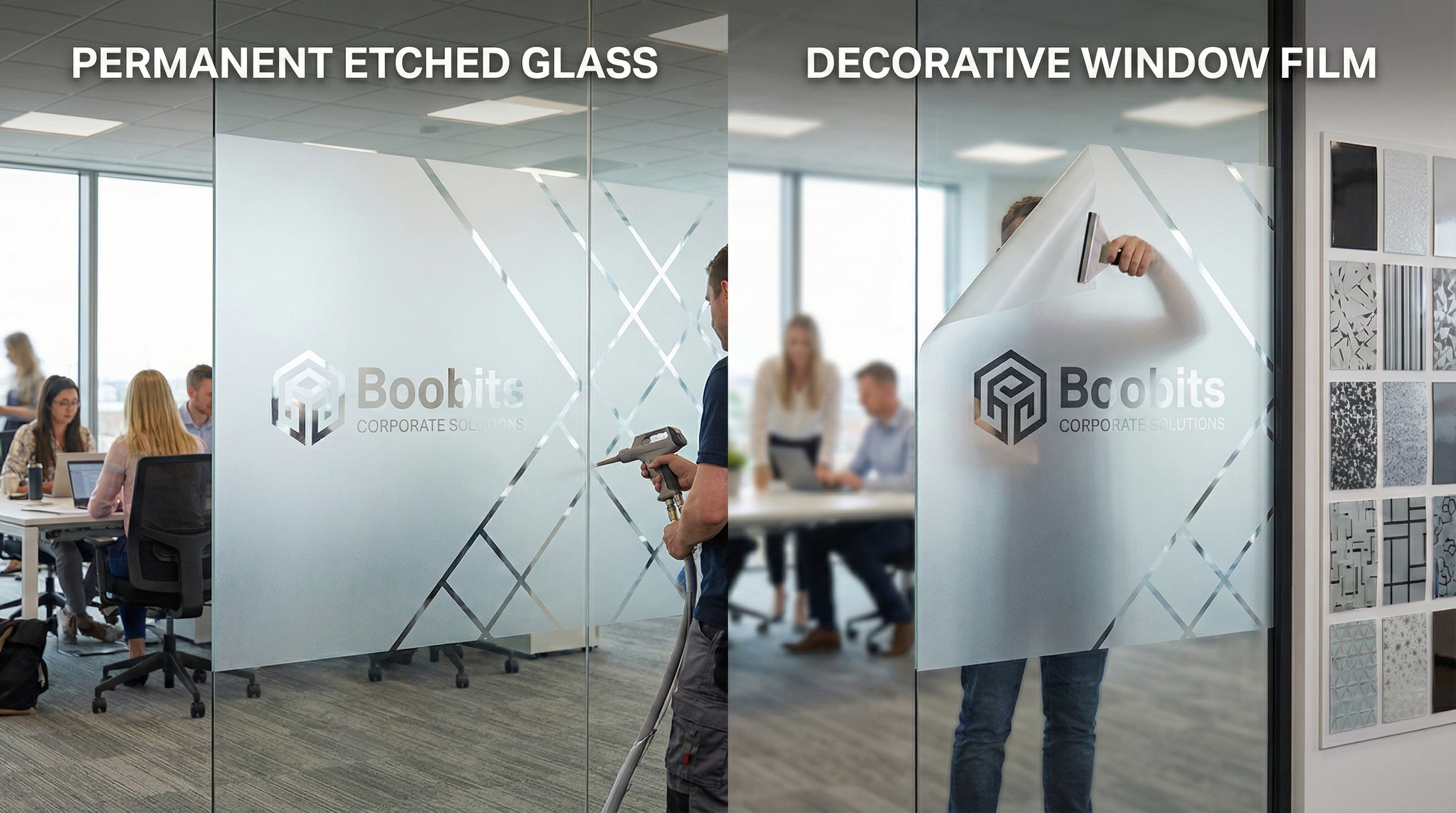 Comparison of decorative window film and etched glass for office branding