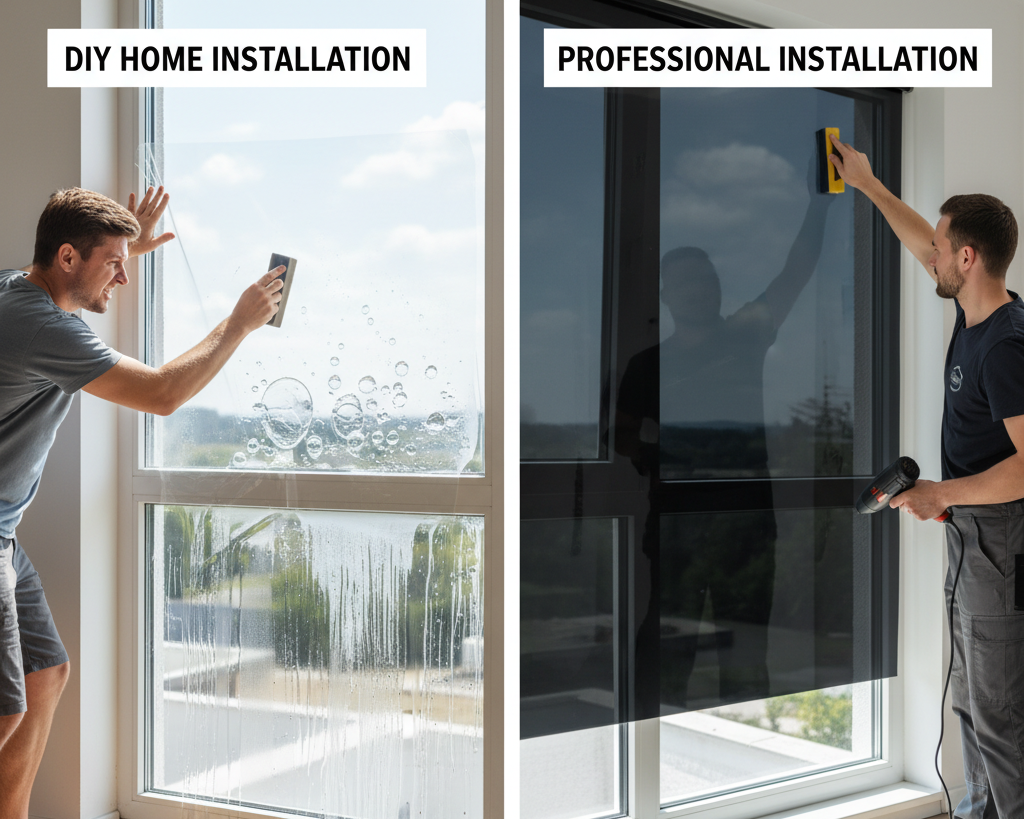 Comparison of DIY vs professional home window tinting showing bubbles on one side and perfect finish on the other