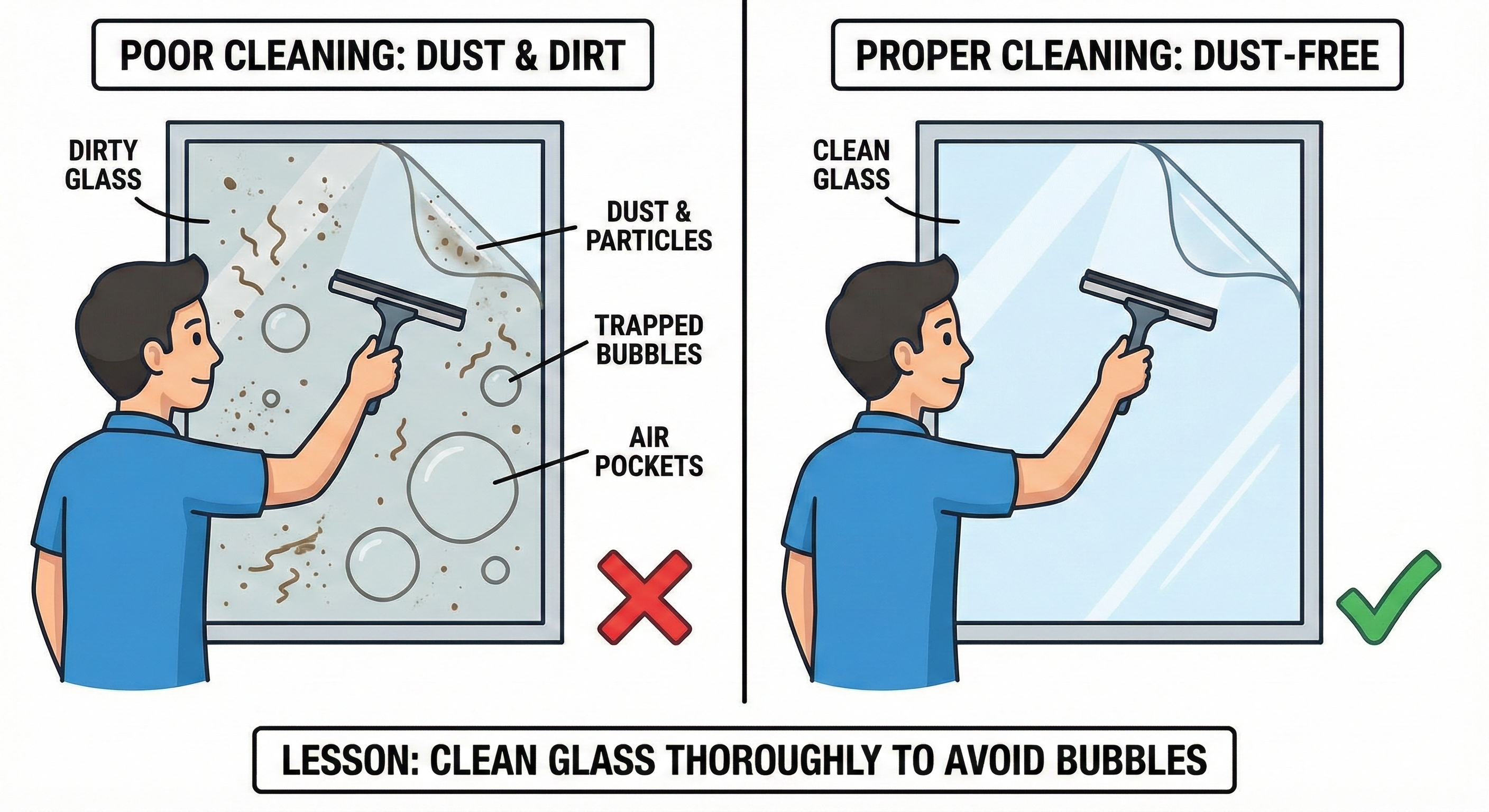 Window film bubbles caused by improper glass cleaning during DIY installation