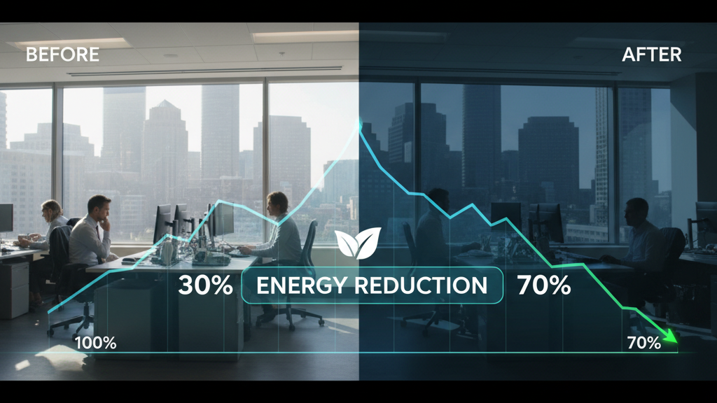 Boston office showing energy savings after window tinting installation with cost reduction chart.