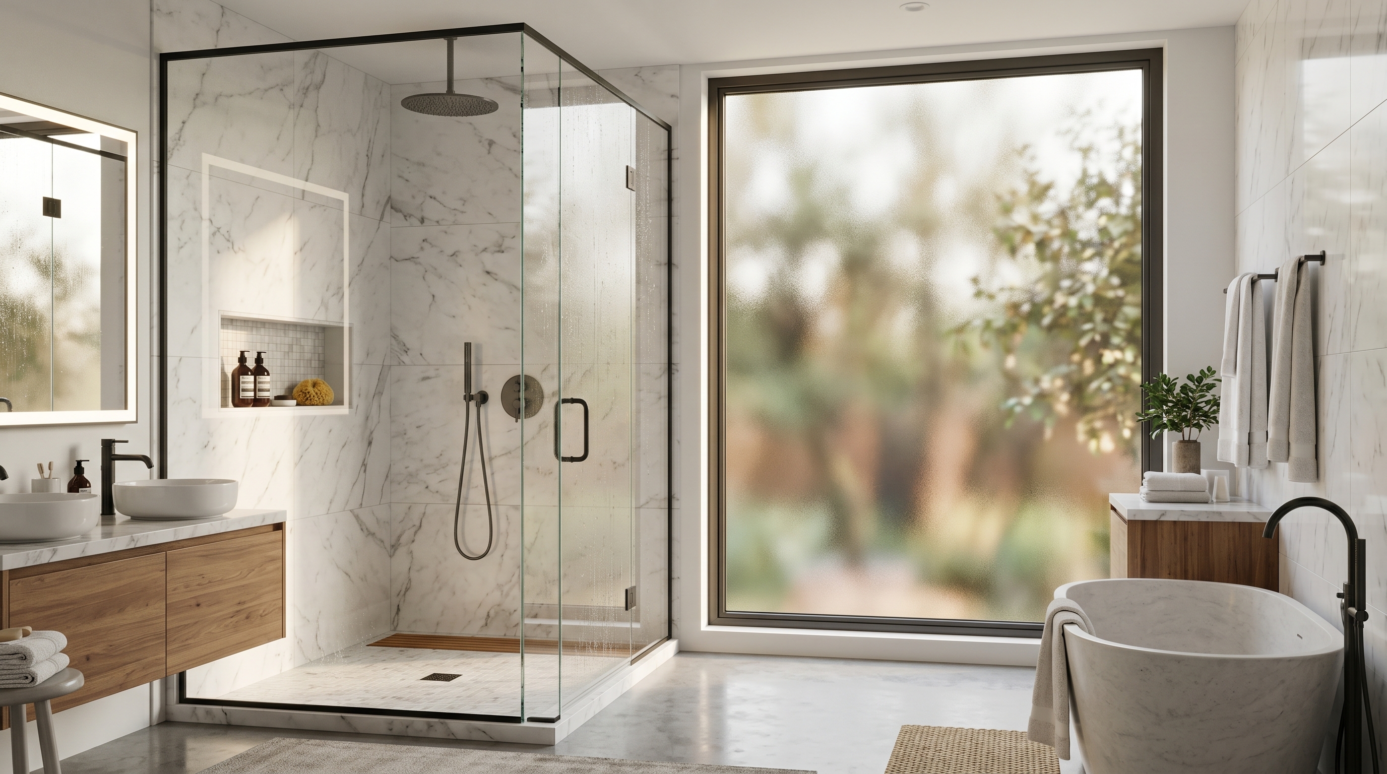 Bathroom window utilizing frosted privacy film for guaranteed 24 hour security.