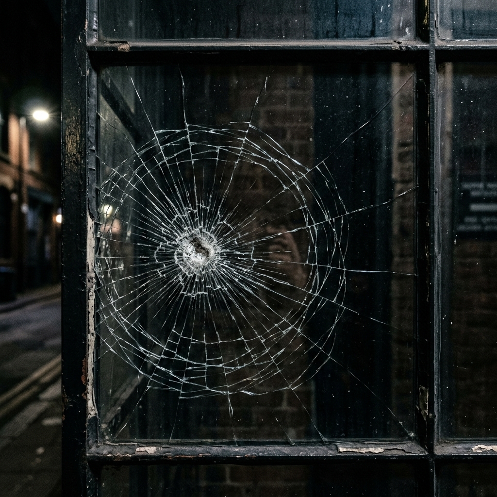 Cracked window glass held together in frame by security window film after break-in attempt