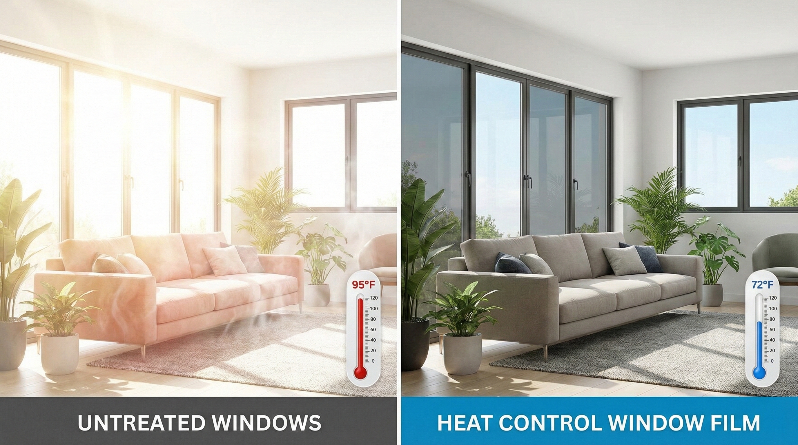 Comparison showing reduced heat and glare with heat control window film installed