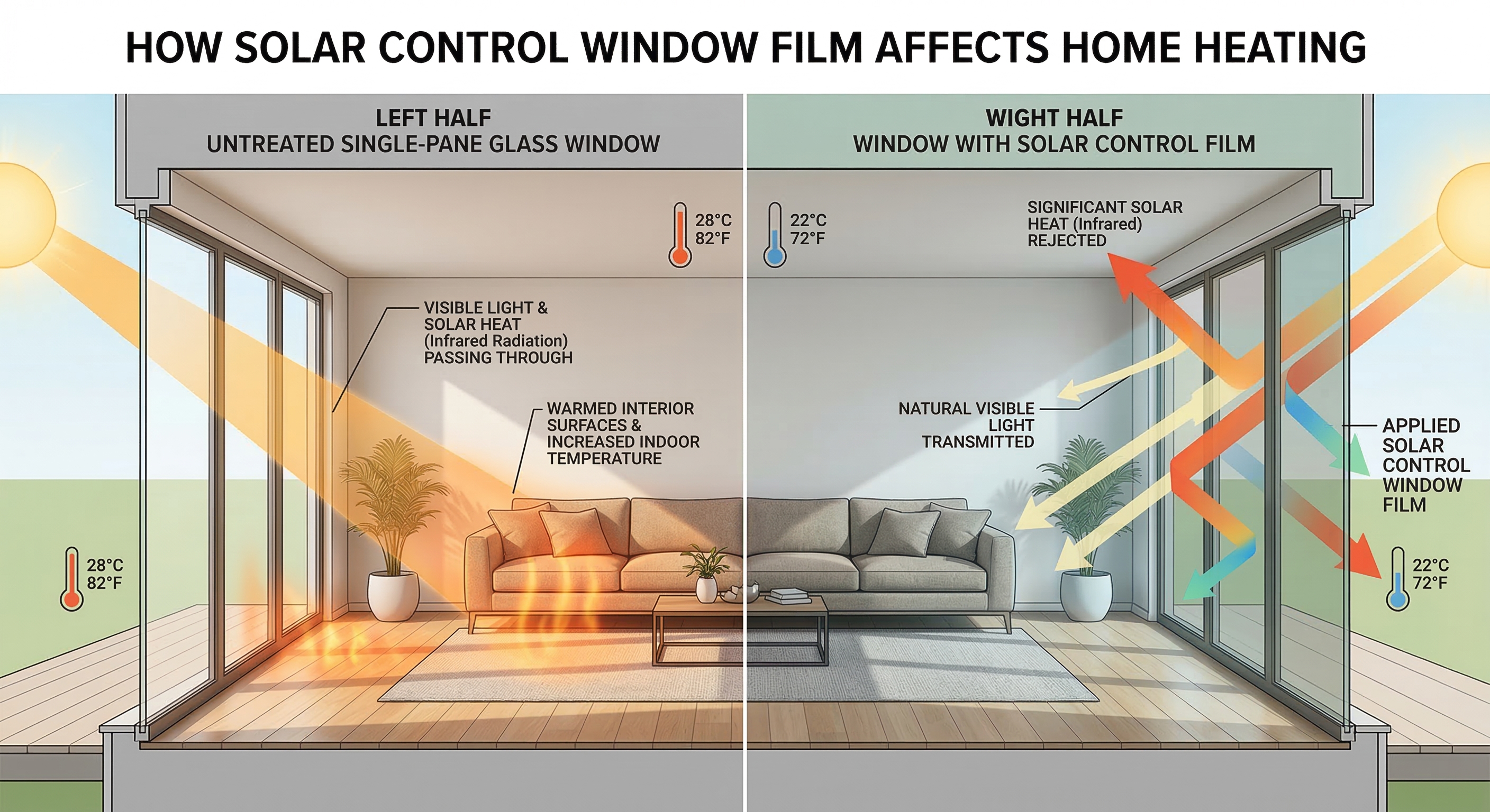 diagram showing solar heat gain entering a home through untreated windows