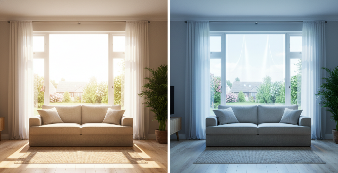 Before and after comparison showing heat reduction using window film in a hot climate
