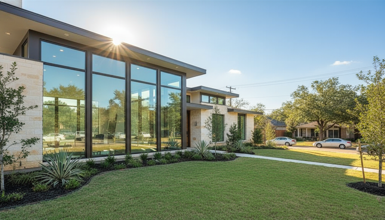 Modern Dallas home with large tinted windows reflecting sunlight, showing energy-efficient and comfortable living in daytime setting. Modern Dallas home with large tinted windows reflecting sunlight, showing energy-efficient and comfortable living in daytime setting.
