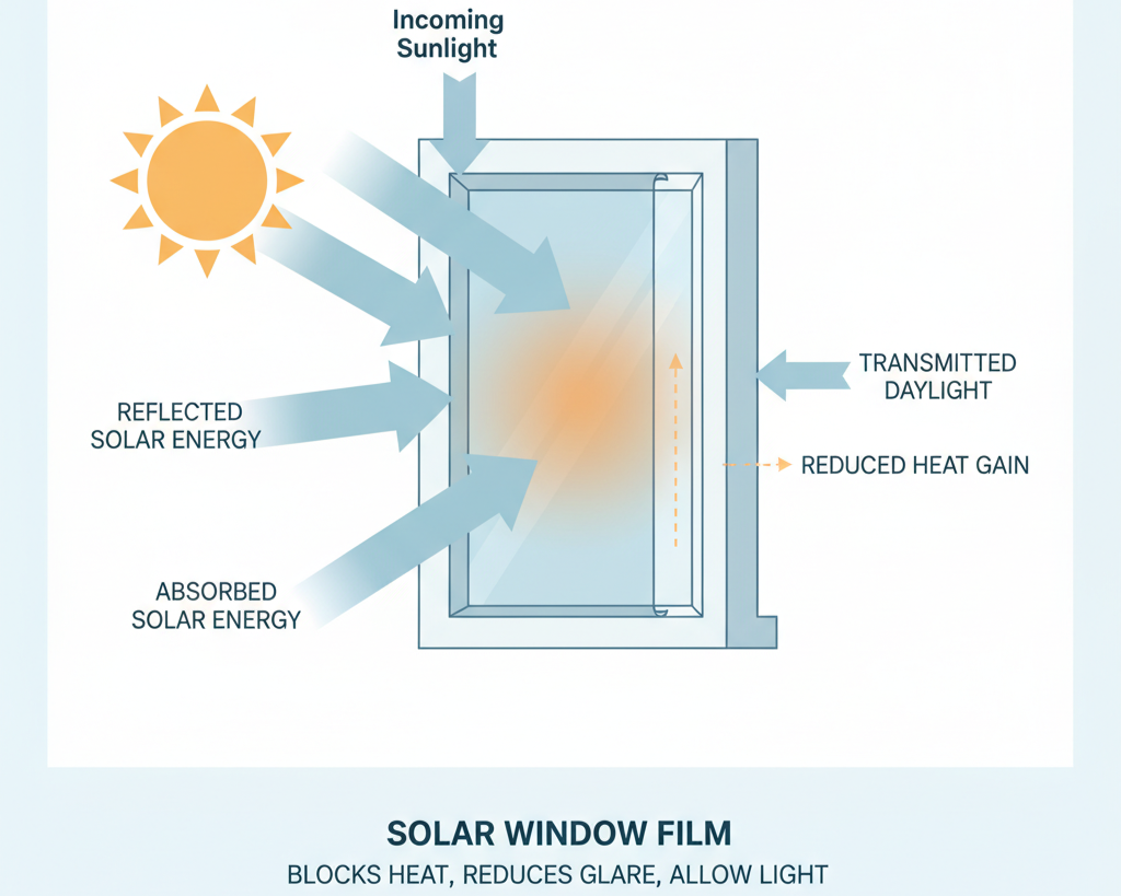 Infographic showing how solar window film reflects, absorbs, and blocks sunlight to reduce indoor heat and glare.