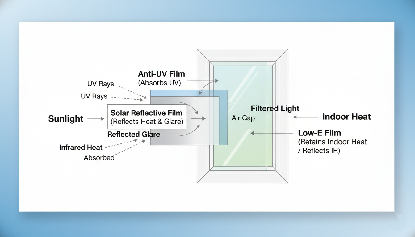 Diagram showing how window film blocks heat, UV, and glare through glass layers