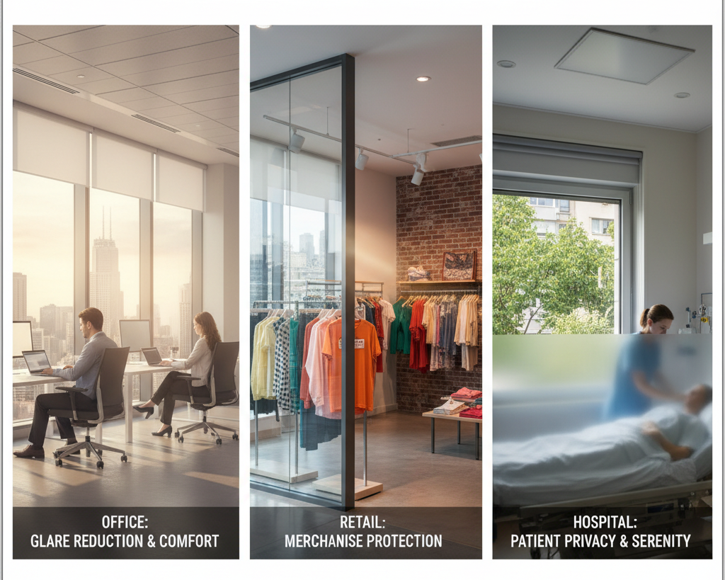 Office, retail, and hospital spaces using window film for comfort, privacy, and protection.